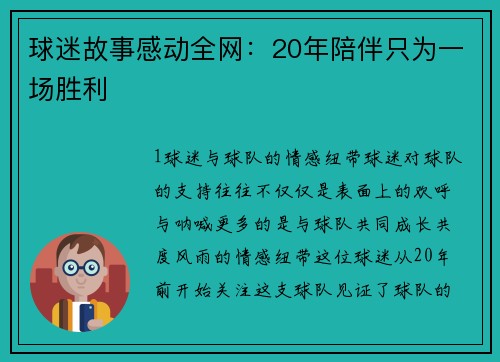球迷故事感动全网：20年陪伴只为一场胜利