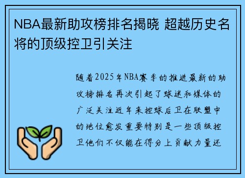 NBA最新助攻榜排名揭晓 超越历史名将的顶级控卫引关注 NBA最新助攻榜排名揭晓 超越历史名将的顶级控卫引关注